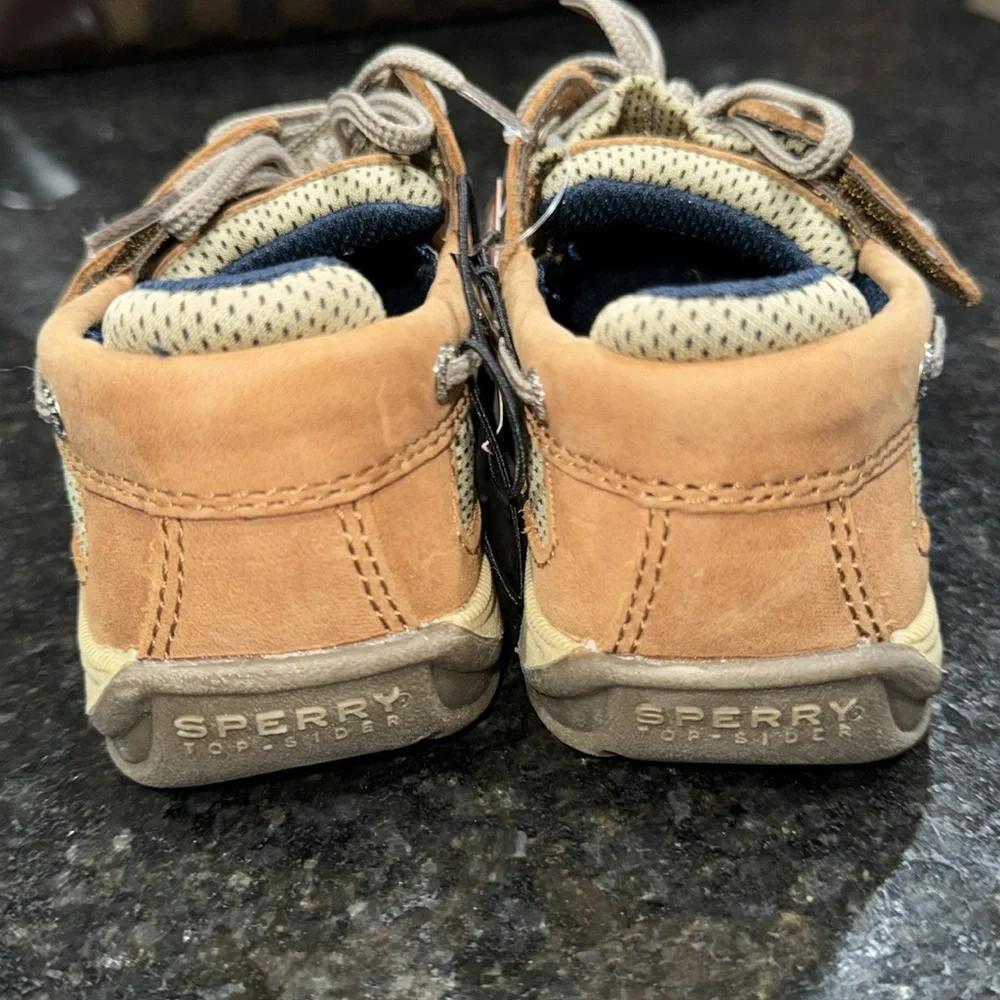 Sperry Lanyard Alternative Closure Boat Shoe, Dark Tan/Navy, Little Kid